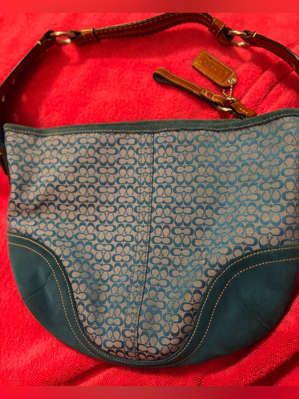 Coach Turquoise Signature Canvas purse with Suede Trim and Leather Buckle Strap